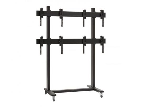 Black metal wheeled TV stand with two horizontal mounting bars and eight brackets, designed to hold multiple screens or monitors for conference rooms or office use.