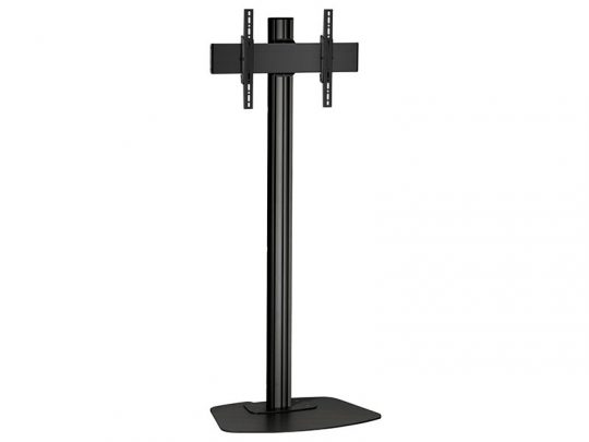 Black freestanding TV stand with flat base, sturdy vertical pole, and adjustable mounting brackets for securely holding a flat-screen television. Ideal for home or office use; compatible with most TV sizes and brands.