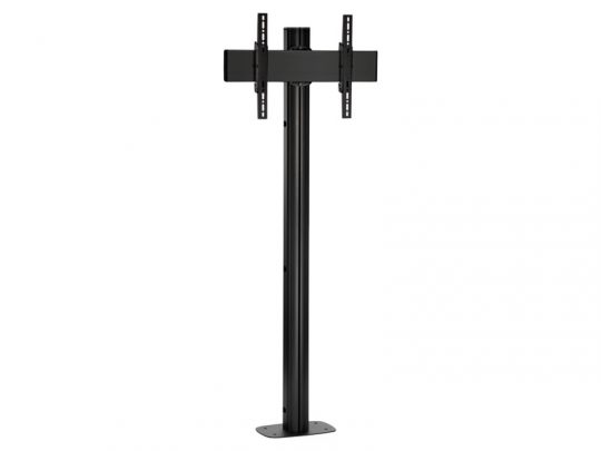Tall black metal TV stand with central support pole, rectangular bracket, and vertical rails for mounting flat-screen TVs; features a flat base with holes for floor installation. Ideal for securely displaying televisions in homes or offices.