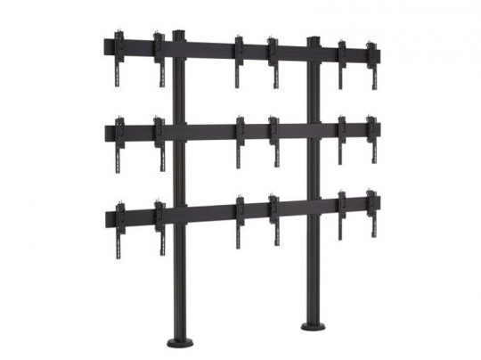 Multi-screen TV wall mount stand for 9 screens, featuring three horizontal mounting bars and two sturdy vertical poles, designed to arrange flat-panel displays in a 3x3 grid; product isolated on a white background.