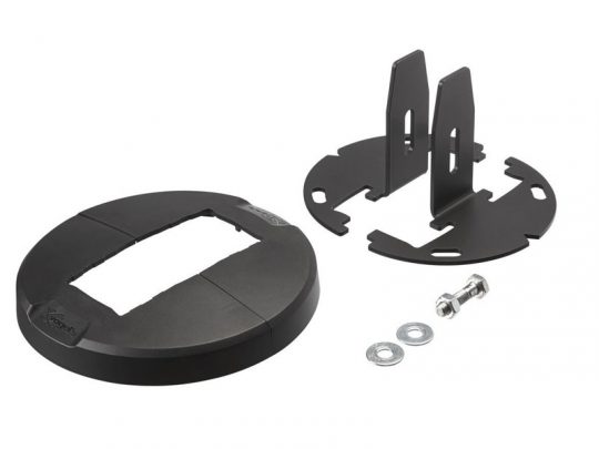 Ebike torque sensor installation kit components shown on a white background, including a black plastic round base with a rectangular cutout, two metal washers, a mounting bolt, and a separate black circular bracket with vertical slots—essential parts for electric bike pedal assist systems.