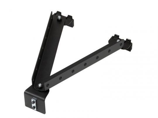 Black metal adjustable wall mount bracket with two extended arms featuring multiple positioning holes, and a sturdy base plate with screws for secure installation—ideal for supporting shelves, TVs, or monitors.