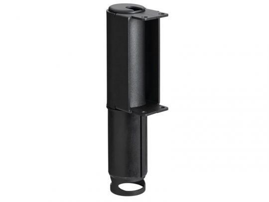Black metal cylindrical bracket with a rectangular casing and mounting plate, standing upright on a white background—ideal as a heavy-duty support component or mounting bracket for industrial use.