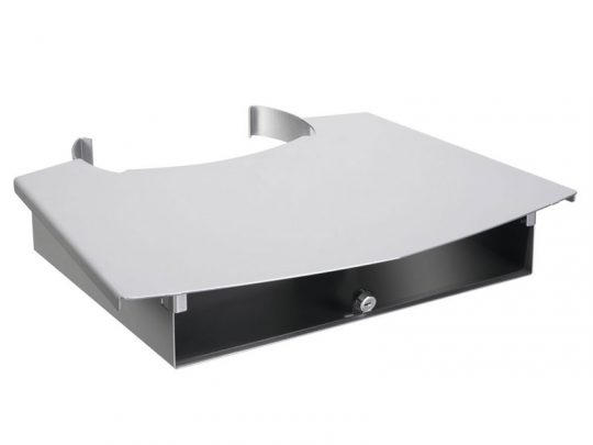 Metal under-desk drawer with a curved front edge and lockable compartment for secure office storage. Ideal for organizing documents and valuables securely under your desk.