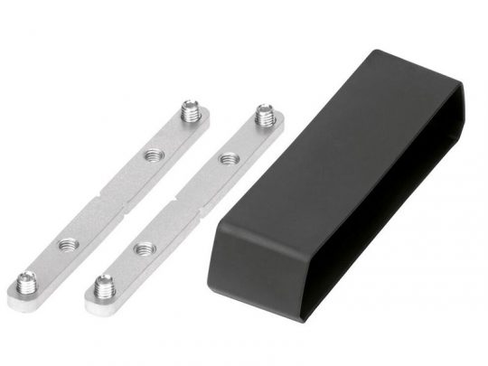 Pair of silver metal busbars with threaded studs and a black rectangular plastic cover, shown on a white background. These heavy-duty electrical busbars are used for efficient power distribution in automotive or industrial applications.