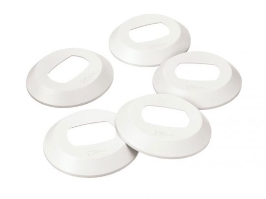 Five white plastic furniture leg caps with flat bases and rectangular open slots in the center, scattered on a white background. These round protective caps are designed to fit over chair or table legs to prevent floor scratches.