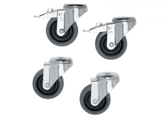 Set of four gray and black swivel caster wheels with metal housings displayed on a white background; two caster wheels feature built-in brakes while the other two do not, ideal for furniture or equipment mobility.