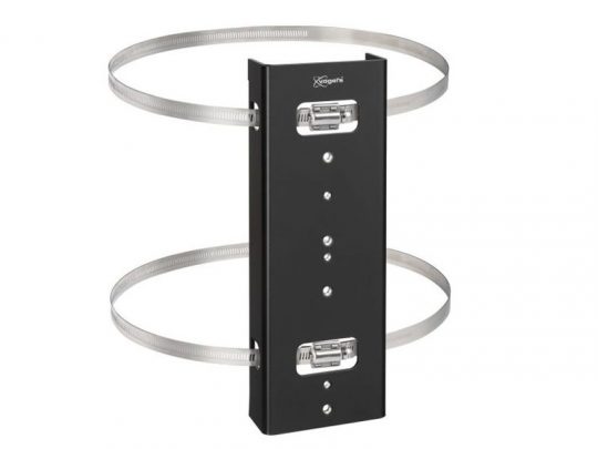 Black metal mounting bracket with two adjustable circular stainless steel bands, designed for securely attaching antennas or poles to flat surfaces; suitable for outdoor or indoor installation.