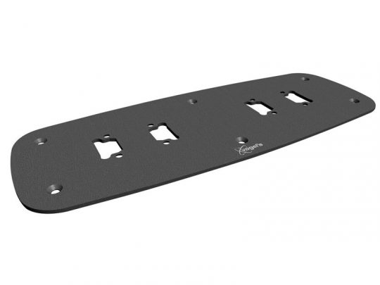 Black rectangular mounting plate with beveled edges, textured surface, four corner holes, three central cutouts for hardware installation, and a small logo printed on one side. Ideal for secure mounting in various applications.