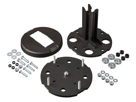 Disassembled black metal mounting kit with three perforated plates, various bolts, nuts, washers, and small hardware arranged on a white background.