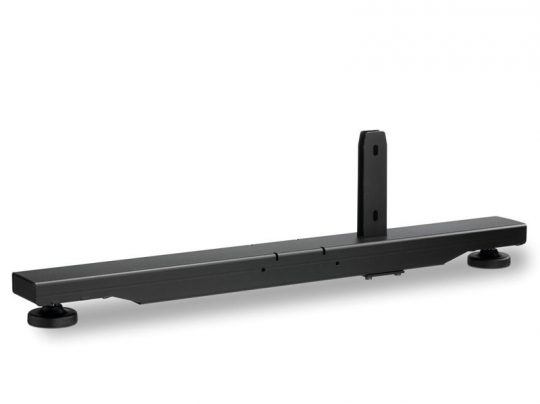 Black metal TV stand base featuring two wide, flat feet and a central upright support, shown on a plain white background. Ideal for securely supporting flat-screen televisions.