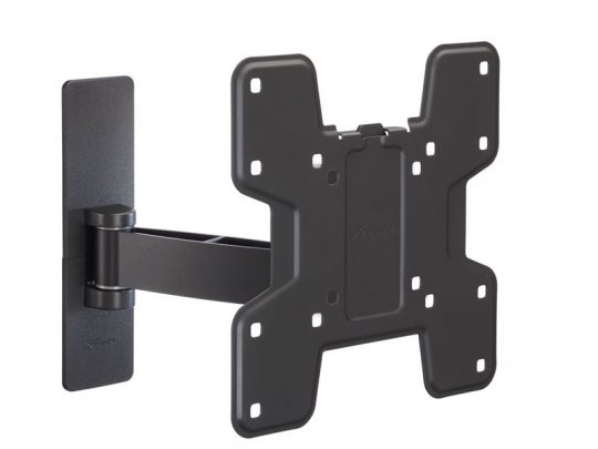 Black metal adjustable TV wall mount bracket with a rectangular wall plate and X-shaped frame, designed for securely holding flat-screen TVs or monitors.