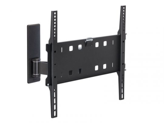 Black wall-mounted TV bracket with adjustable arms and multiple mounting holes, designed to securely hold flat-screen televisions on a wall. Suitable for various TV sizes and easy installation.