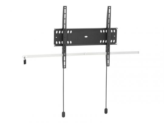 Black wall-mounted TV bracket with adjustable vertical rails and a sturdy horizontal bar, designed to securely hold flat-screen televisions. Two pull cords with plastic end caps hang from the bottom of the bracket for easy installation and removal. Ideal for mounting TVs on walls in homes or offices.
