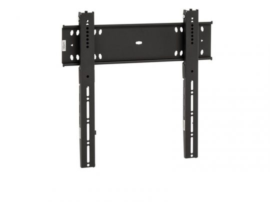 Black wall mount bracket for flat-screen TVs, featuring multiple holes for adjustable installation and universal fitting.