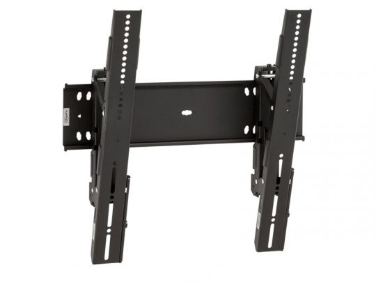 Tilting black TV wall mount bracket with adjustable vertical arms and multiple holes for securing flat-screen TVs or monitors. Suitable for various screen sizes, offers flexible tilt adjustment. Ideal solution for mounting TVs on the wall securely.