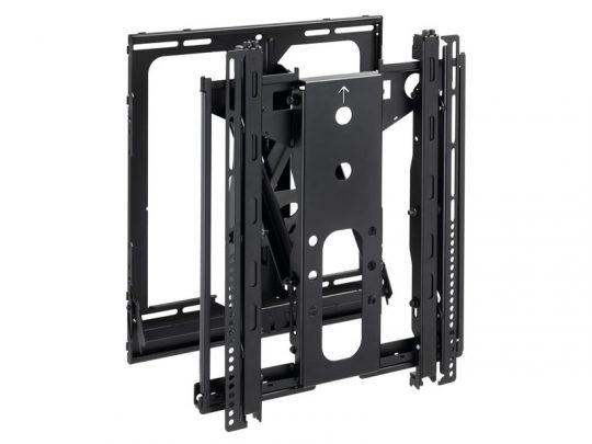 Black metal TV wall mount bracket with adjustable arms, multiple mounting holes, and sturdy vertical and horizontal supports for securely installing flat-screen televisions on the wall. Ideal for universal TV installation.