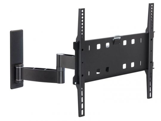 Black adjustable wall mount bracket for flat-screen TVs, featuring an extendable arm and multiple mounting holes to fit various TV sizes. Perfect for securely mounting televisions on the wall and adjusting viewing angles.