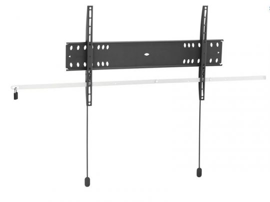 Black metal TV wall mount bracket with a rectangular backplate, two adjustable vertical arms, and two hanging cords, designed for securely mounting flat-screen TVs on the wall. Product is shown against a white background.