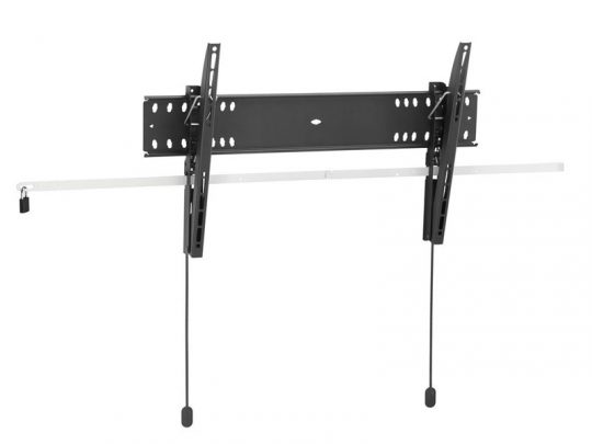 Black wall-mounted TV bracket with adjustable arms and two black pull cords, featuring a white horizontal locking bar secured with a small lock on the left end. The bracket is designed for securely mounting flat-screen TVs to the wall.