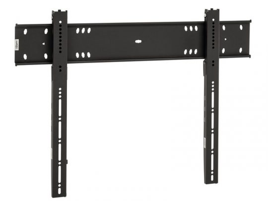 Black metal TV wall mount bracket with vertical and horizontal bars, multiple adjustment holes, and a rectangular center panel, designed for mounting flat-screen televisions securely on the wall.