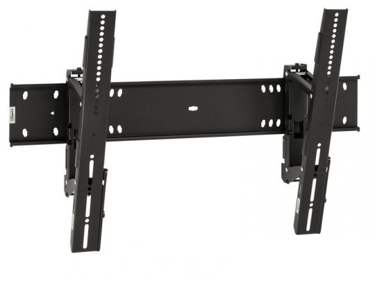 Black adjustable wall mount bracket for flat-screen TVs, featuring multiple mounting holes and tilting arms for customizable angle adjustment; sturdy steel design suitable for various TV sizes.