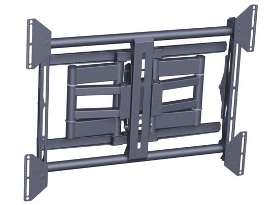 Black adjustable TV wall mount bracket with dual arms and multiple screw holes, designed to securely hold flat-screen TVs on a wall. The sturdy metal bracket allows for tilting and swiveling to adjust the viewing angle. Ideal for modern home entertainment setups needing stable TV support.