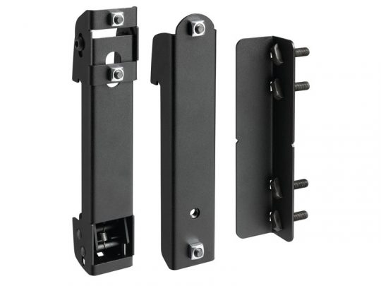 Three black metal mounting brackets with included bolts and hardware, shown in front, side, and back views on a white background. The brackets are durable steel supports for shelves or equipment installation. Product image highlights design details and complete mounting kit.