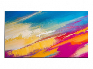 Flat-screen hotel TV with ultra-thin bezels displaying a vibrant abstract painting in blue, yellow, white, orange, and pink tones; ideal for enhancing modern room décor—buy hotel TVs online for stylish interiors.