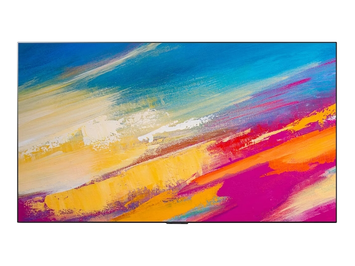Flat-screen hotel TV with ultra-thin bezels displaying a vibrant abstract painting in blue, yellow, white, orange, and pink tones; ideal for enhancing modern room décor—buy hotel TVs online for stylish interiors.