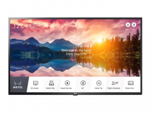 Hotel TV Display showing a personalized hotel welcome message on the screen, with a background image of a scenic mountain lake. The display includes the current date, time, temperature, and interactive menu options such as channel guide, hotel information, guest services, IoT controls, flight schedule details, and an option to purchase hotel TVs. Ideal for modern hospitality room entertainment systems.