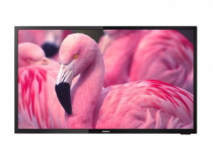 Philips flat-screen TV displaying a vivid pink flamingo scene; ideal hotel television with lifelike, colorful display to impress guests.
