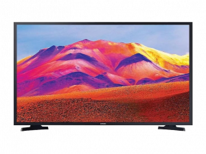 Flat-screen hotel TV displaying a vivid mountain landscape in red, orange, purple, and yellow tones—ideal television for guest rooms seeking bright, high-definition visuals.