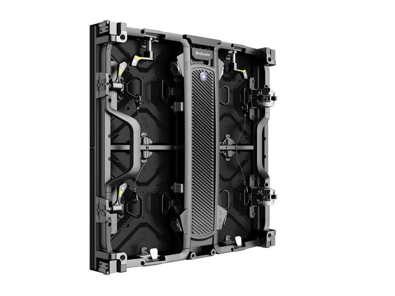 Unilumin URMIII 2.6 MK2 Pro black rectangular LED wall module (2.6mm pixel pitch), rear view showing central carrying handle, multiple connectors, and sturdy structural support frame—ideal for professional video wall installations.