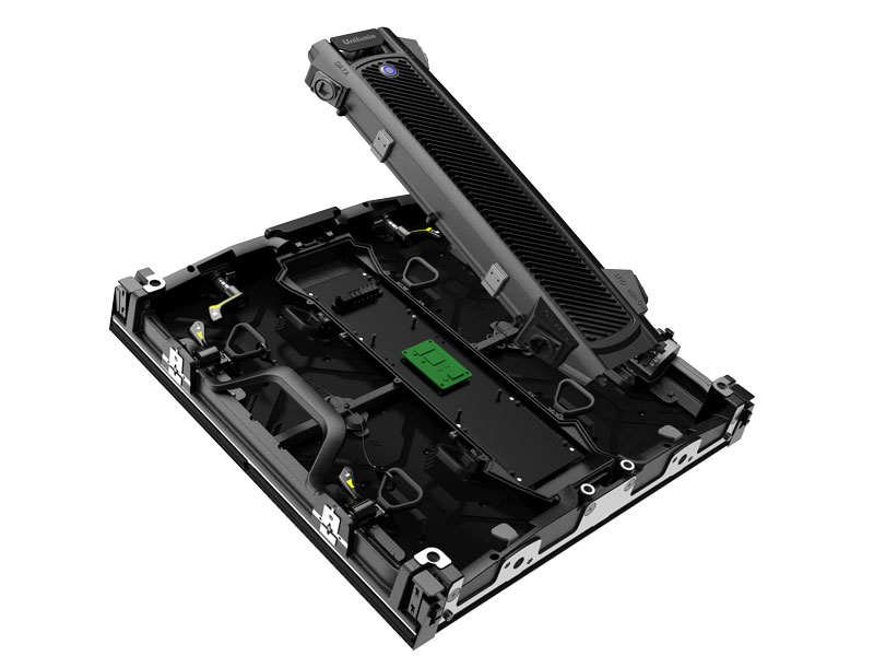 Unilumin URMIII 2.6 MK2 Pro black rectangular LED wall module (2.6mm) with top cover open, revealing internal wiring and a green circuit board—new product for purchase.