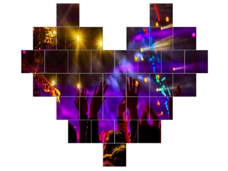 Heart-shaped concert collage art print featuring vibrant stage lights, cheering crowd with raised hands, and a lively music scene; colorful tiles form the heart against a dark background.