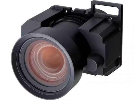 Close-up view of a black camera lens attachment, featuring a large rounded glass element and a rectangular metal mounting bracket; ideal for enhancing photography with smartphones or cameras.