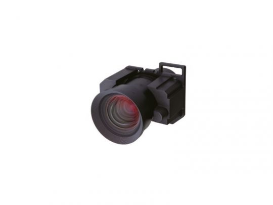 Sharp black projector lens with red reflection, attached to a sturdy mounting bracket, displayed against a plain white background—ideal for professional home theater or office use.