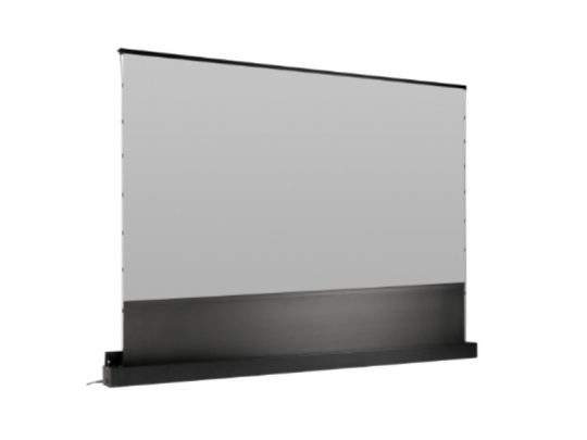 Celexon Home Cinema Plus CLR Bodenscheren motorised screen shown upright with a gray projection surface and a sleek black retractable base, ideal for home cinema setups seeking clear image quality and modern design.