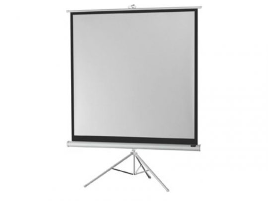 Celexon Economy White tripod projection screen shown fully extended on a sturdy tripod stand. The portable screen features a bright white display area with a sleek black border, ideal for clear presentations or home cinema use in any location. Buy the new Celexon Economy White projection screen for easy setup and high-quality visuals anywhere.
