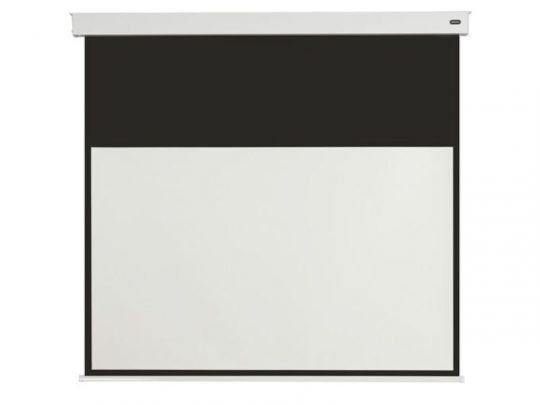 Celexon Professional Batterie 2.0 Motorised Screen shown fully extended, featuring a white projection display area with black top and side borders, housed in a modern white casing—ideal for home cinema or professional presentations.