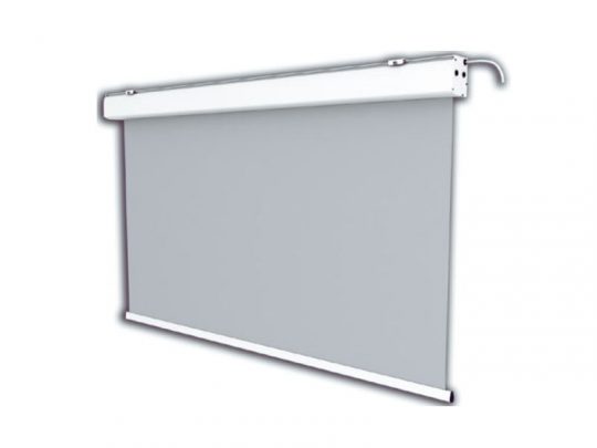 Celexon Expert Motorised Screen (new): White, wall-mounted motorised projector screen with a smooth gray retractable surface, designed for sharp image and video projection in home or office settings.