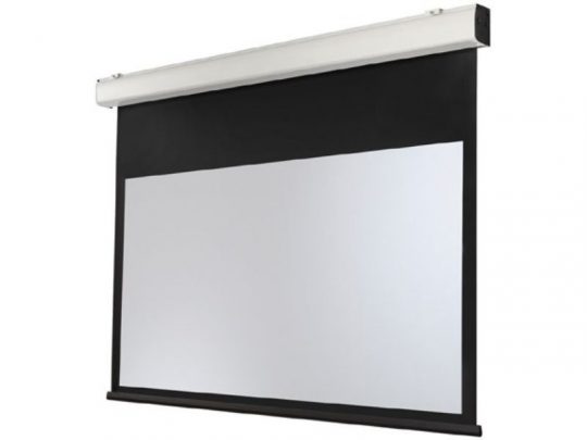 Celexon Expert XL Motorised screen—motorised projection screen with a large, retractable matte white display area, black borders for enhanced contrast, and a sleek white metal casing; ideal for home cinema or business presentations.