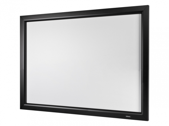 Celexon HomeCinema Frame screen: Large, rectangular, black-framed blank whiteboard-style projection screen shown angled against a plain white background, ideal for workspace or home cinema use.