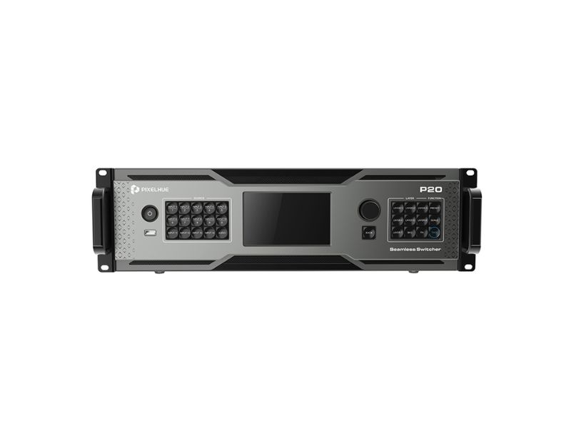 Front view of the PIXELHUE P20 Seamless Switcher with Flightcase—new purchase; shows a rack-mountable black and gray unit featuring a large central display, keypad, multiple control buttons, and side handles.
