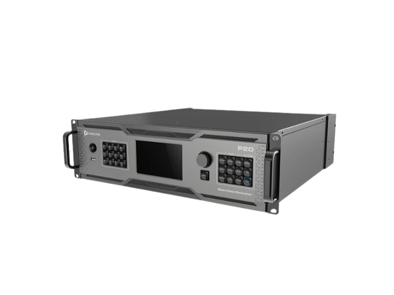 Pixelhue P20 Presentation Switcher—black and gray rack-mount electronic device with front handles, central display screen, and keypads on either side; designed for professional AV switching and presentations.