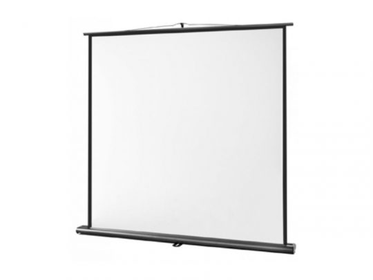 Celexon Professional pull-up projection screen, fully extended, with a blank white display area and a black frame, shown against a plain background. Ideal for crisp, professional presentations in offices or home theaters.