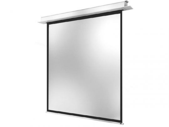 Celexon Professional Plus motorised ceiling screen shown mounted, featuring a sleek white projection surface with a black border and silver top frame. Ideal for home cinemas or offices, this modern projector screen ensures high-definition visuals and professional presentation quality.
