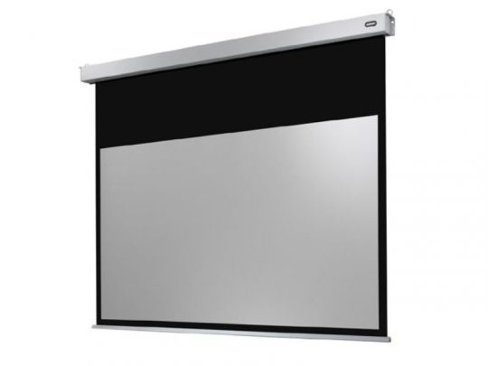 Celexon Professional Plus (new) motorised projector screen with black border, sleek silver casing, and light gray display surface—ideal for sharp, high-quality visuals in home theater or office settings.