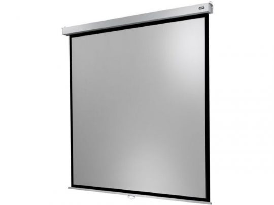 Celexon Professional Plus roller screen shown wall-mounted with a smooth white projection surface and black border; retractable design ideal for classrooms, offices, or home theaters.